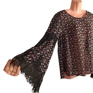 G‎ Collection Women's Floral Sheer Black Top/Blouse Size L 3/4 Sleeve With Lace